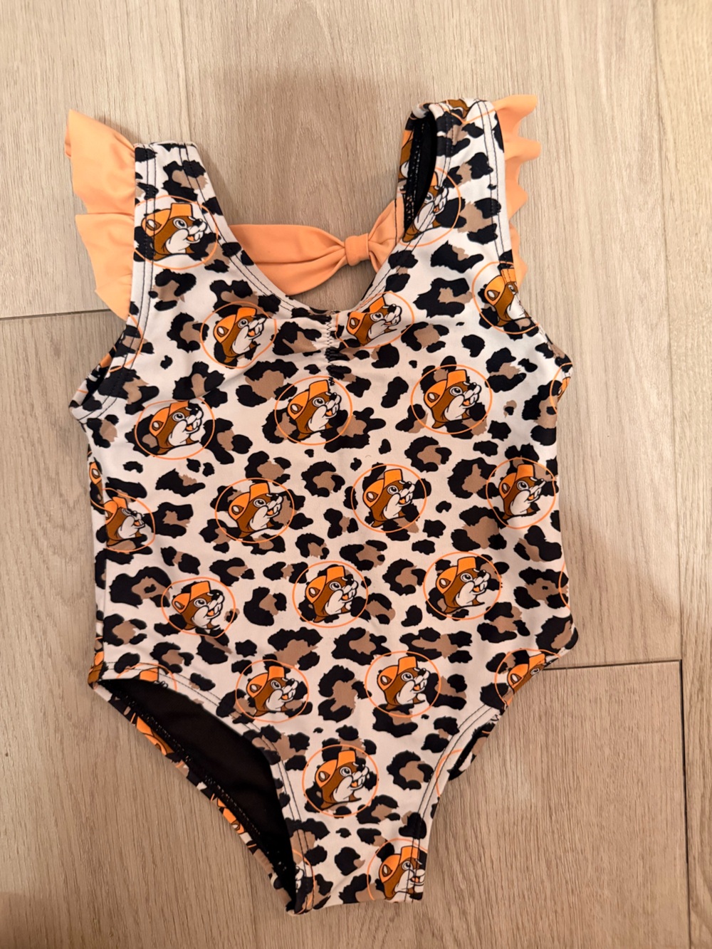 Buc-ee's Baby Girl Swimsuit 9-12M Leopard Print Ruffle Sleeves Bow One Piece
